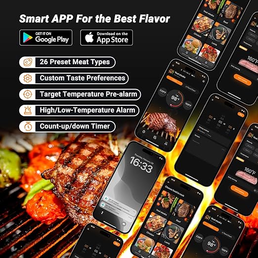 Bluetooth Meat Thermometer with App Remote Control，IP67 Waterproof Wireless Thermoemter for BBQ, Grill, Smoker, Oven, Rotisserie，Ideal for Continuous Cooking, Easy to Clean and Storage