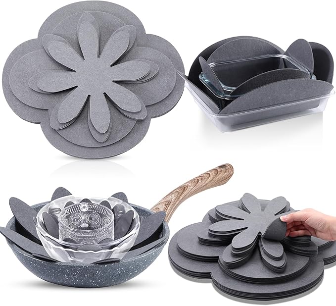 Queekay 36 Pcs Felt Pot Pan Protectors Dish Dividers Separators Bakeware Cookware Scratch Protectors Different Sizes, Thicker Pan Pads for Stacking Cookware Organizing Protecting (Gray)