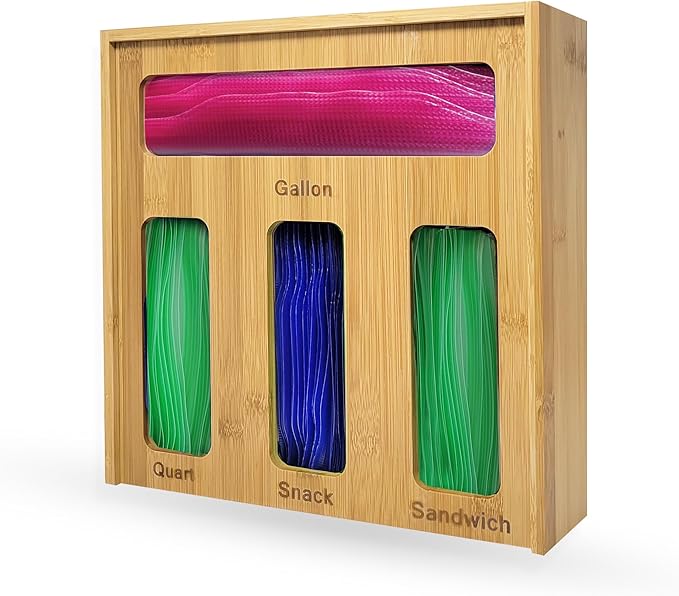 Bamboo Ziplock Storage Organizer for Kitchen Drawer with Sliding Lid – 4 Slot Holder for Gallon, Quart, Snack & Sandwich Bags