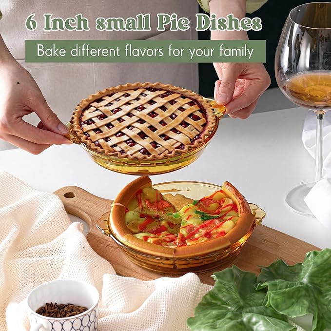 Uiifan 4 Packs 6 Inches Mini Glass Pie Pan for Baking 11.6 oz Amber Pie Plate with Handles Round Glass Dish for Baking and Serving, Snacks, Salads, Desserts
