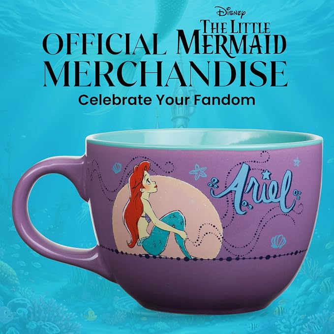 Silver Buffalo Disney Princess Ariel Moonlight Ceramic Soup Mug, 24oz | Little Mermaid artwork, Moonlight ocean design, Large capacity ceramic mug, Ideal for soups & noodles, BPA-free construction
