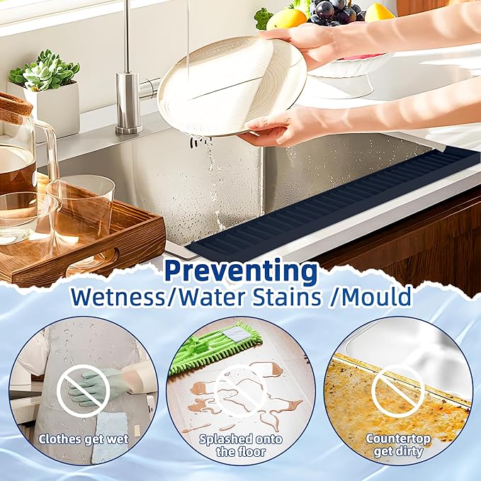 Silicone Sink Splash Guard & Edge Protector, 30 Inch Extra Long Kitchen Sink Splash Guard with Suction Cups, 5° Tilt Water Drip Back Design, DIY Cuttable Fits Any Size Single or Double Sink - Black
