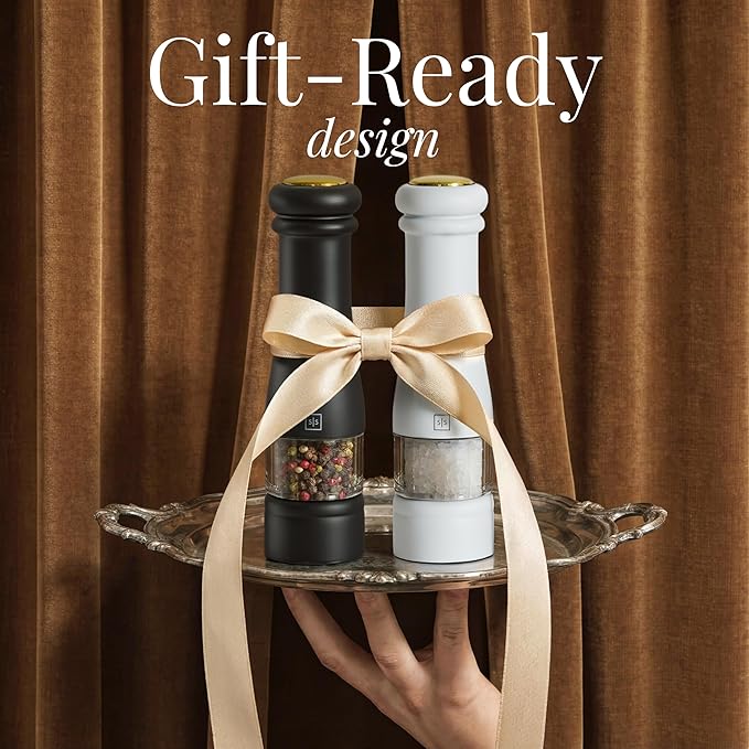 Electric Salt and Pepper Grinder Set - Styled Settings Electric Salt and Pepper Shakers, Automatic Stainless Steel Set with LED Light, Battery Operated, Adjustable Coarseness, Wood Base