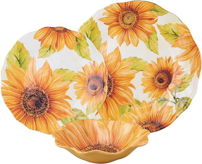 UPware 12 Piece Sunflower Melamine Dinnerware Sets, Outdoor Dishes Set, Plates and Bowls Sets, Service for 4, Yellow