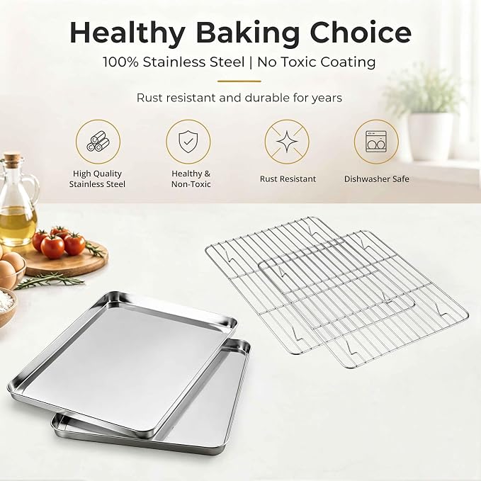Onader 9x13IN Stainless Steel Quarter Cookie Sheet Pan with Wire Rack Set | Metal Toaster Oven Pan Tray for Baking, 1 Pan + 1 Rack, Nonstick & Dishwasher Safe