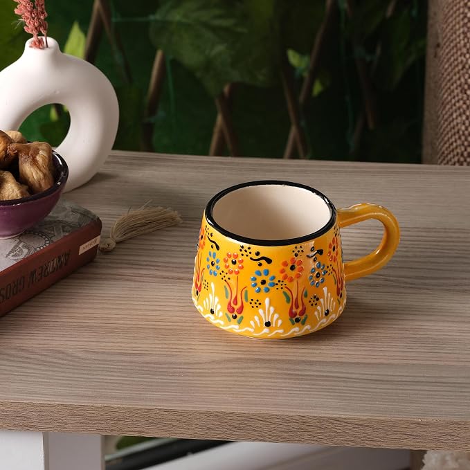 BCS 6 Oz Cappuccino Cups Set of 2, Ceramic Coffee & Tea Mugs, Colorful Handmade Cups, Dishwasher & Microwave Safe Ceramic Mugs (3 Inches, Yellow - Navy Blue)