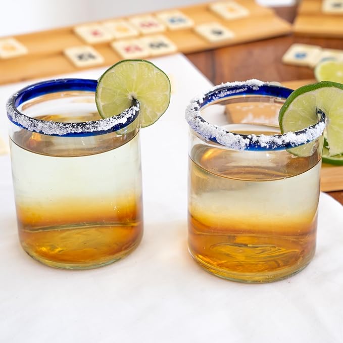 Cobalt Blue Rim Hand Blown Tumbler Glasses Set of 6 | 10 oz Mexican Glassware | Recycled Glass | Hand blown Mexican Drinking Glasses for Cocktails, Wine & Tequila