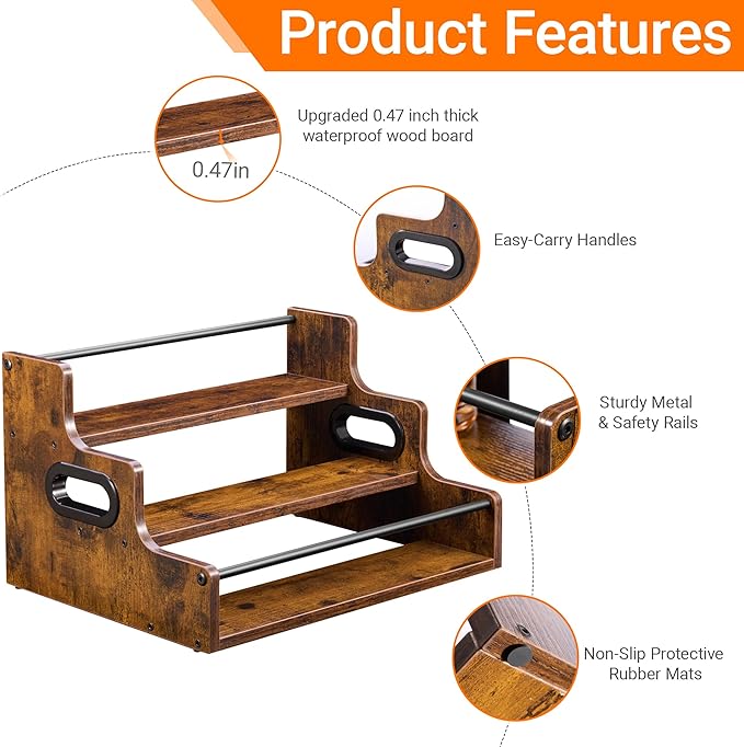 YQBRAO [Upgraded] Rustic Wood Liquor Bottle Display Shelf, 3-Tier Liquor Shelf for Bar Counter, Coffee Syrup Rack Organizer with Handles & Metal Guardrail, Bar Bottle Stand for Home, Kitchen, Cafe