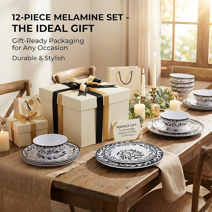 12-Piece Melamine Plates and Bowls Set - Artistic Black & White Design Dinnerware Set， Service for 4, Lightweight Melamine Dishes Set for Indoor and Outdoor Use，Black Floral