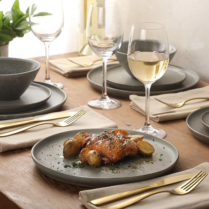 Gibson Elite Coastal Forest Plates and Bowls Sets, 12-Piece Stoneware Dinnerware Sets, Triple Reactive Glaze Dish Set - Slate Grey
