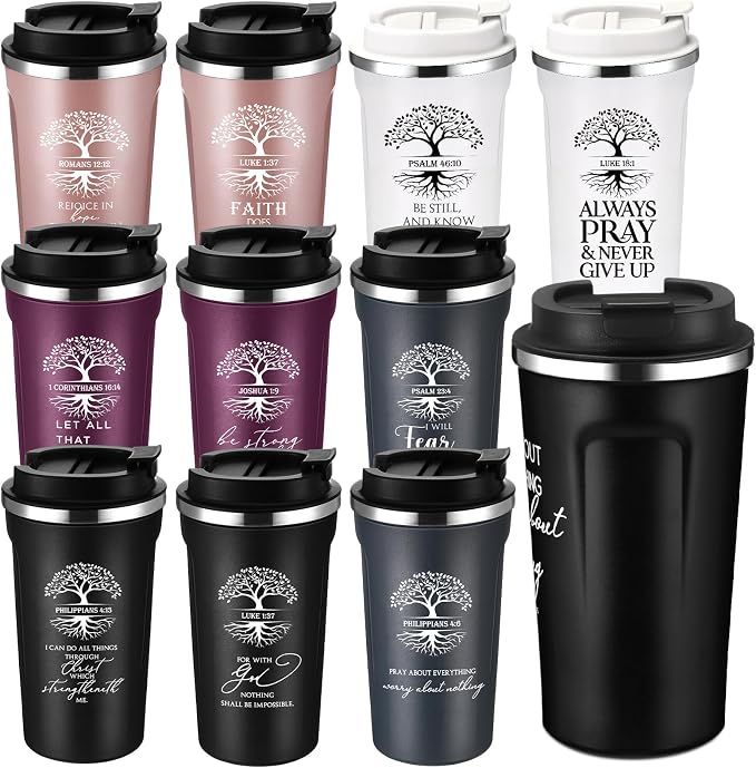 Meanplan 10 Set Fathers Day Christian Gift Bible Verse Tumbler Bulk 17oz Coffee Mug Religious Jesus Christian Tumbler Cup Gifts for Women Mom Teacher Church Pastor (Tree of Life)