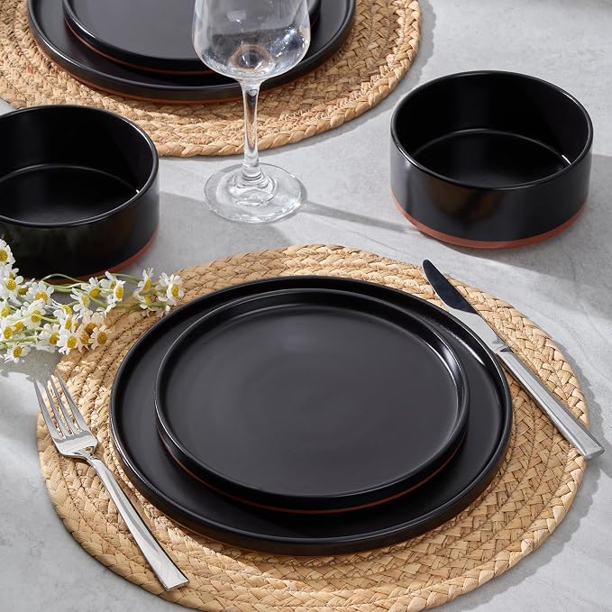 LIANYU 24 Piece Dinnerware Sets for 8, Modern Style Stoneware Dinnerware Set, Scratch Resistant, Dishwasher Safe Bowl and Plate Sets, Ceramic Dish Dinner Set, Charcoal Black