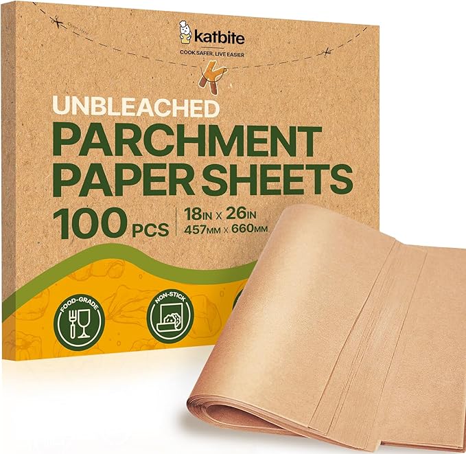 Katbite Parchment Paper Sheets Heavy Duty, 18x26 Inches 100 PCS Precut Baking Parchment, Unbleached, Non-stick, Non-toxic, Extra Strong, Flat Baking Paper for Oven, Cooking, Grilling, Air Fryer