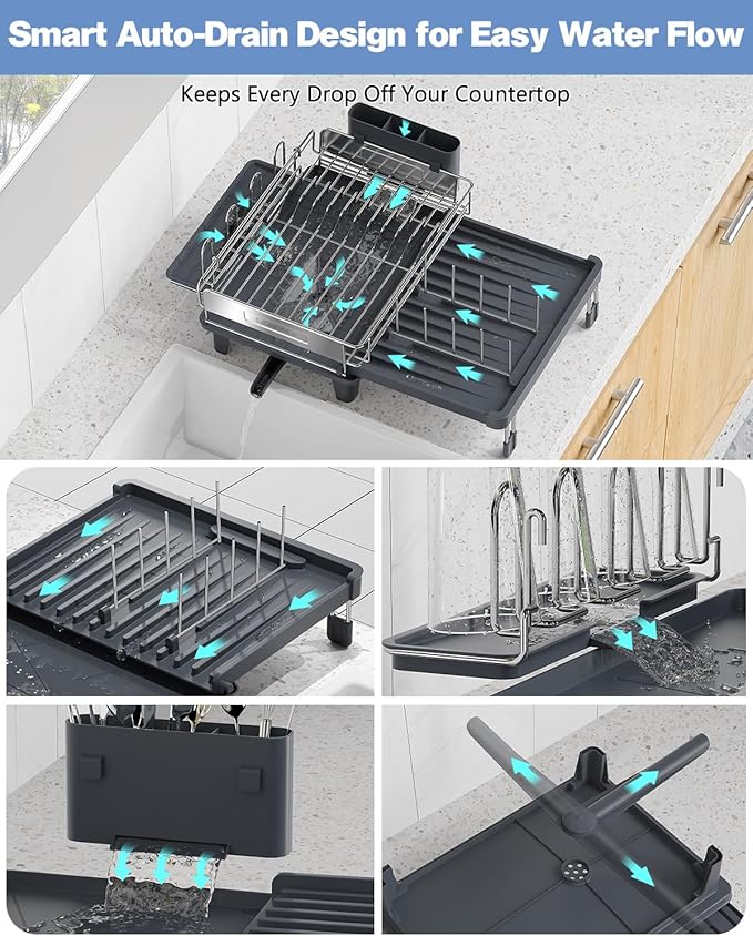 Expandable Dish Drying Rack, Dish Racks for Kitchen Counter, Stainless Steel 304, Flip-Top Retractable Plate, Multi-Directional Adjustable Dish Rack, Space Saving Large Drying Rack Kitchen, Gray