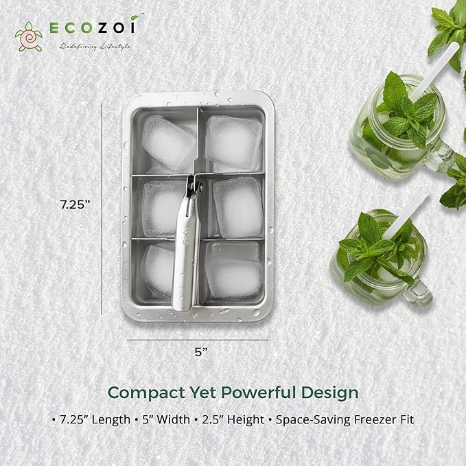 Ecozoi Stainless Steel Metal Ice Cube Trays With Easy Release Handle - 2 Pack | 12 Large Ice Cube Slots | Removable Slots For Easy Ice Cube Removal And Cleaning | Eco Friendly, Plastic Free