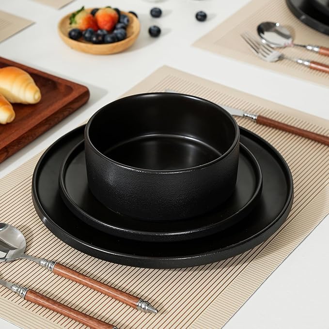 Stoneware Cereal and Soup Bowls Set of 4, 6 Inch Matte Glaze Ceramic Bowls for Breakfast & Oatmeal, Microwave and Dishwasher Safe, Matte Black