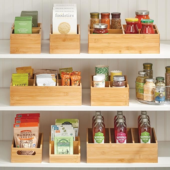 mDesign Kitchen Organiser — Rectangular Wooden Storage Box for Storing Tea, Coffee, Sugar and Other Foods in The Kitchen — Stackable Tea Bag Holder — Natural