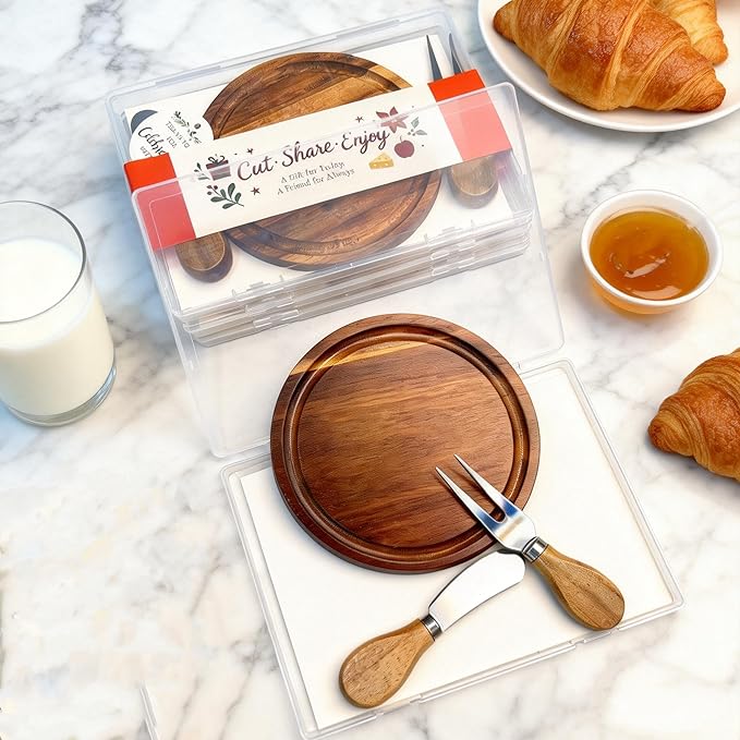 Upgraded Storage-Ready Mini Charcuterie Cheese Board & Serving Tray, 1-Pack 6-Inch Small Personal Plate with Knife & Fork, Acacia Gift package for Baby Shower Party, Handcrafted Rustic