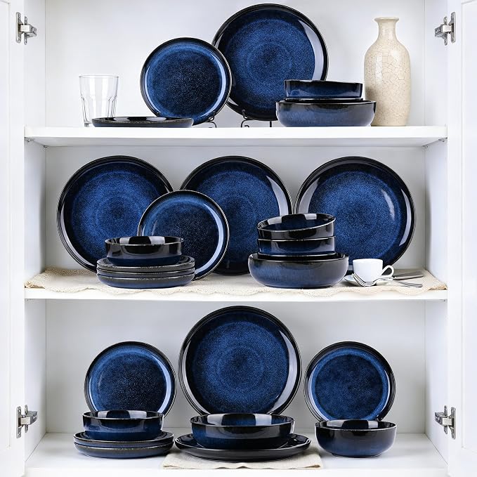 Porcelain Plates and Bowls Set for 4, 16 Pcs Ceramic Blue Reactive Glaze Dinnerware Set with Pasta Bowls, Kitchen Dish Set with Double Bowls, Microwave and Dishwasher Safe