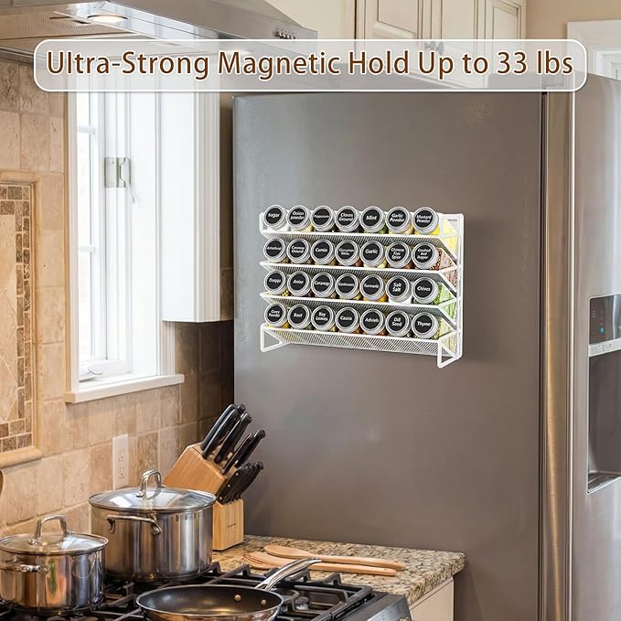 UVIAHOMI Magnetic Spice Rack Organizer for Refrigerator with 28 Spice Jars, 386 Spice Labels, 4 Hook, Chalk Marker and Funnel Set, Magnetic Shelf for Seasoning Organizer, 13.2'' W x 9.8 H, White