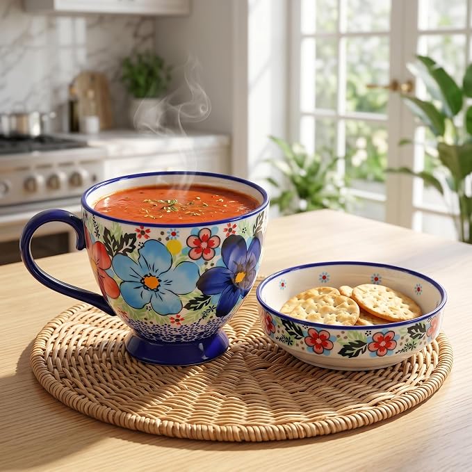 17oz Hand-Painted Ceramic Coffee Mugs with Handles & Lids | Decorative Soup or Tea Cup, Includes Saucer, Large Loop Handle, Microwave Safe, Fathers Day Dad Gifts from Daughter Son Wife