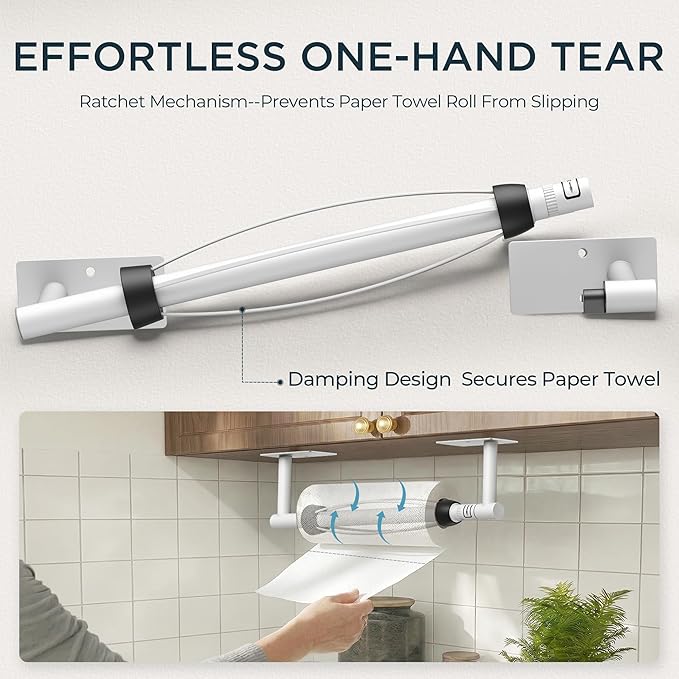 FORIOUS Paper Towel Holder Under Cabinet, Single Hand Operable with Adjustable Damping for Easy Tear, Adhesive or Drill Wall Mount, 304 Commercial Paper Towel Holder for Kitchen Bathroom, White