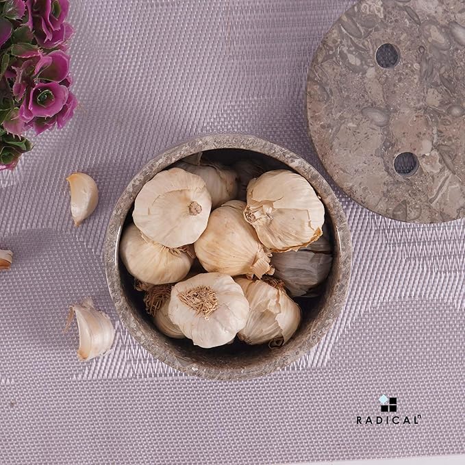 Radicaln Marble Garlic Keeper With Lid 4.5 Inch Oceanic Handmade Garlic Storage and Garlics Container For Kitchen, Keep Fresh Garlic Cloves, Ideal Garlic Keeper for Counter