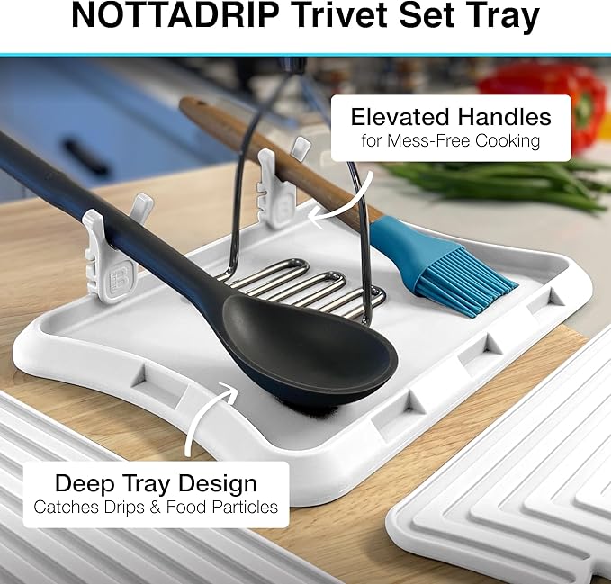 Nottadrip Silicone Spoon Rest for Stove Top - Kitchen Spoon Rest for Countertop, Ladle Holder, All in 1 Serving Station, Elevate Handles, Drip to Tray, Mess Free - 5PC Trivet Set - White