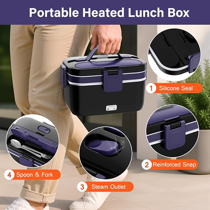 2.8L Electric Heated Lunch Box - 100W Portable Food Warmer for Adults, Leak-Proof & Dishwasher-Safe, Ideal for Car, Truck, Travel, Work, Gift for Men & Women