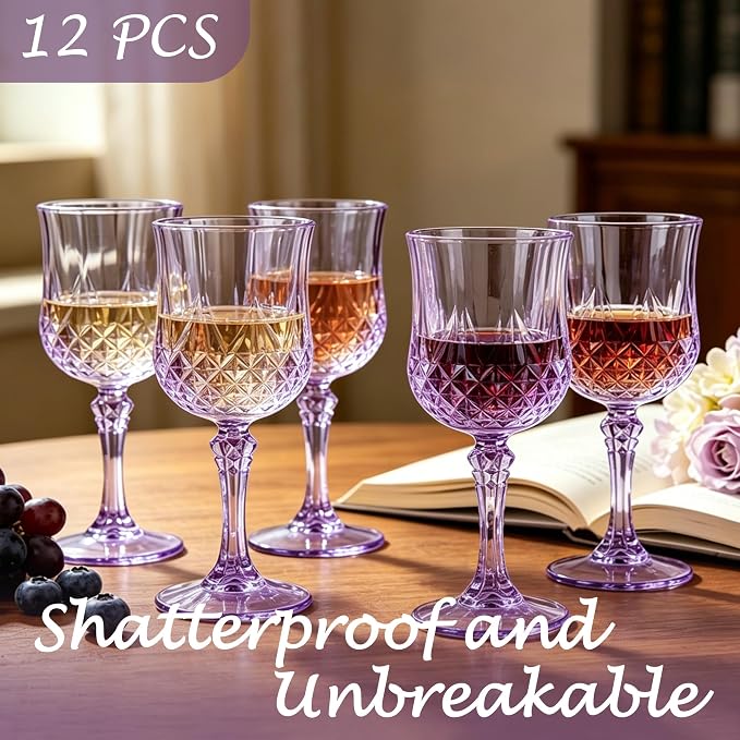 Plastic Wine Glasses, Plastic Goblets Vintage Style Cordial Unbreakable Drinking Glasses, Reusable Drinkware for Wedding Reception, Grand Event Party Supplies (12, Purple)