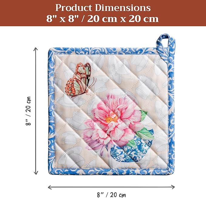 Maison d' Hermine Pot Holders 100% Cotton Heat Resistant Potholders 8" x 8" Hot Pads with Loop BBQ Cooking Baking Gifts for Mothers Day Handling Hot Pans Spring/Summer (Pack of 2, Canton)