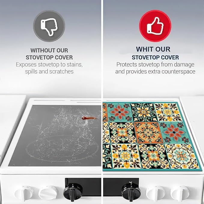 HOMETITUTE Stove Top Cover 28x20 Inch Diatomite Kitchen Mat Spanish Tile Boho Style Heat Resistant Coffee Mat Stove Cover for Electric Pad Countertop Protector Kitchen Decor