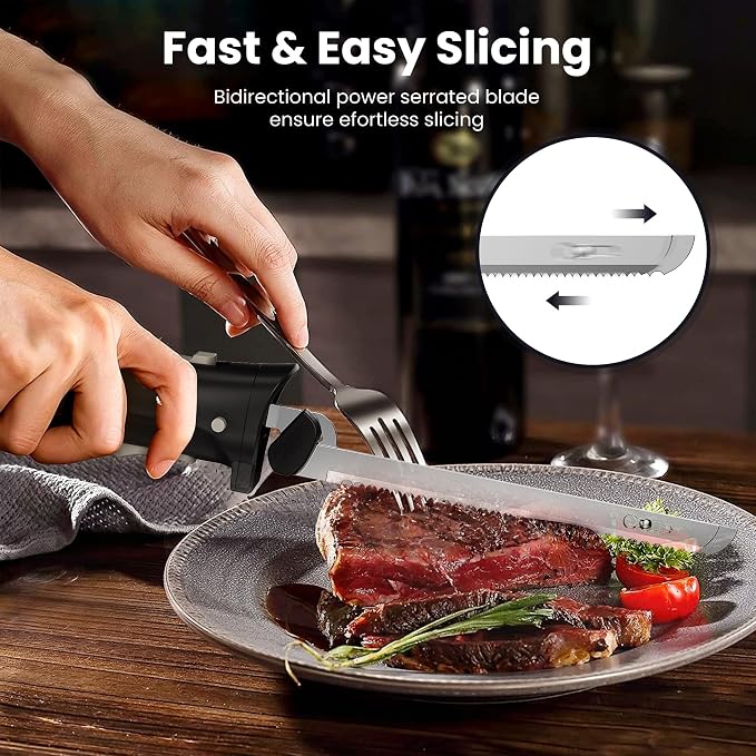 Cordless Electric Knife, Electric Bread Knife with 4 Stainless Steel Blades, Electric Cutting Knife for Cutting Meats, Fish, Poultry, Bread, Cheese & More (Black)