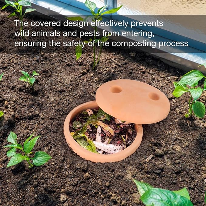 2pcs Underground Compost Bin 10 * 4.13 * 4.13Inch Garden Worm Farm Outdoor for Organic Refuse Red Pottery Ceramics with Holes and Lid Clay for Garden