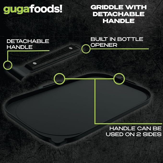 Guga Foods Ultimate Griddle Kit Set- Transform Any Grill or Stove, Includes Cast Iron Griddle with Detachable Handle, Stainless Steel Angled & Straight Edge Spatulas, For Cooking Indoor Or Outdoor