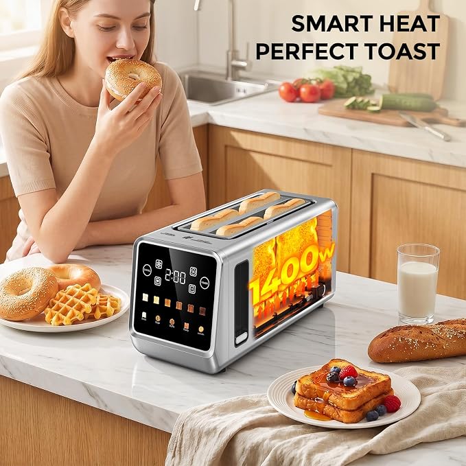 Long Slot Toaster 4 Slice with Touchscreen, 1400W Stainless Steel 2-Slot Smart Appliance Extra Wide 1.5 Inch, Single Mode BreadID Tech Timer for Bagel Waffle