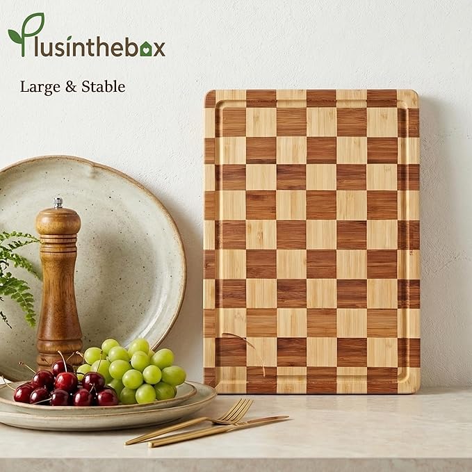 XL Bamboo Cutting Board for Kitchen Extra Large Checkered End Grain Wood Chopping Board with Deeper Juice Grooves Wooden Butcher Block for Kneading Dough, Meat, Cheese & Charcuterie