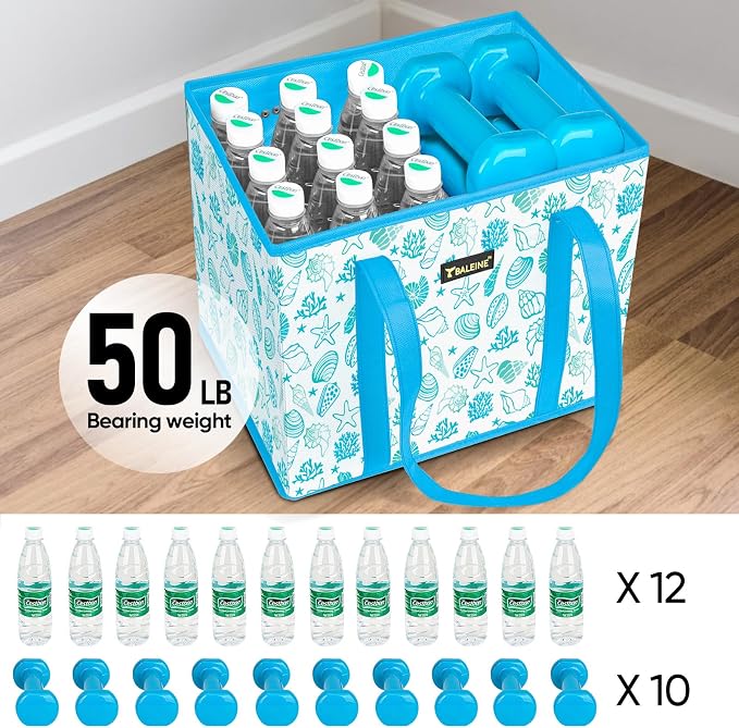 BALEINE 3Pk Reusable Grocery Bags, Foldable Shopping Bags for Groceries with Reinforced Bottom & Handles (Summer Beach-Blue)
