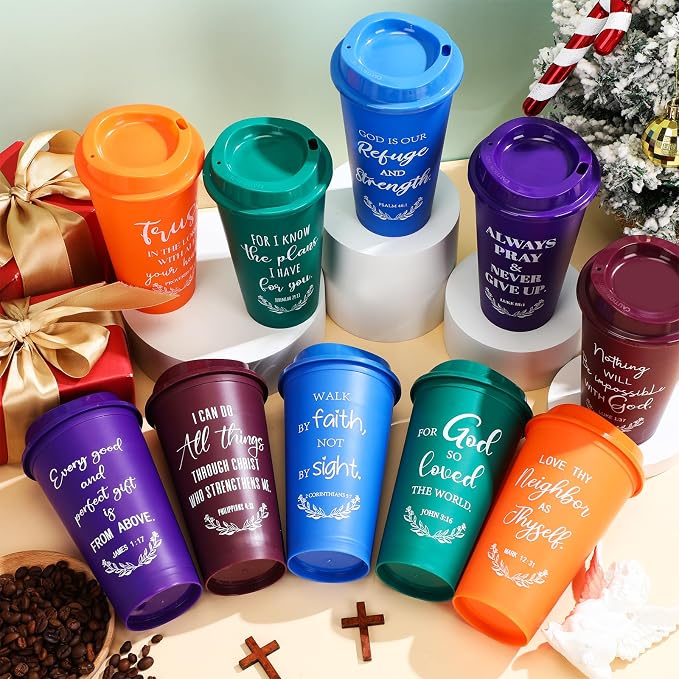 Skylety 20 Pack Bulk Christian Gifts for Men Women 16oz Reusable Bible Verse Tumbler Plastic Coffee Cup with Lid Inspirational Religious Church Gift for Teacher Graduation Party Favor (Retro Color)