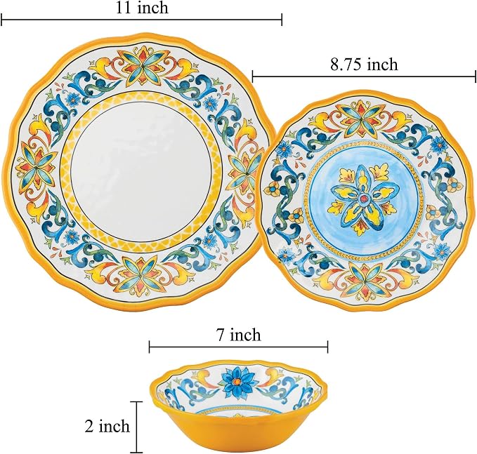 UPware 12 Piece Chianti Melamine Dinnerware Sets, Outdoor Dishes Set, Plates and Bowls Sets, Service for 4, Multicolor
