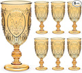 Wiwiqing 6 Pcs Plastic Goblets 7.5oz Vintage Goblet Plastic Wine Glasses Colored Retro Embossed Water Goblets for Wine Bar Juice Baby Shower Wedding Reception Grand Event Party (Amber)