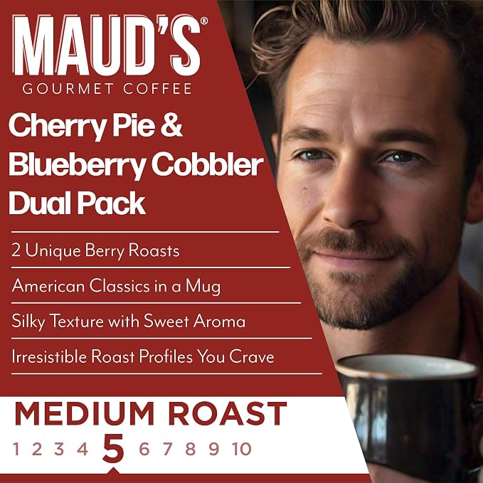 Maud's Cherry & Blueberry Flavored Coffee Pods, 22ct, Medium Roast Flavored Coffee in Single Serve Pods – 100% Arabica Beans, Compatible with Keurig K Cups Maker
