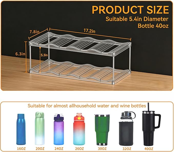 Stackable Water Bottle Organizer for Cabinet,2 Tier Water Bottle Holder for Stanley Yeti 40 oz Bottle Shelf,Clear Tumbler Storage Organizer,Wine Rack,Cup Organizer for Kitchen Cabinets Counter Pantry
