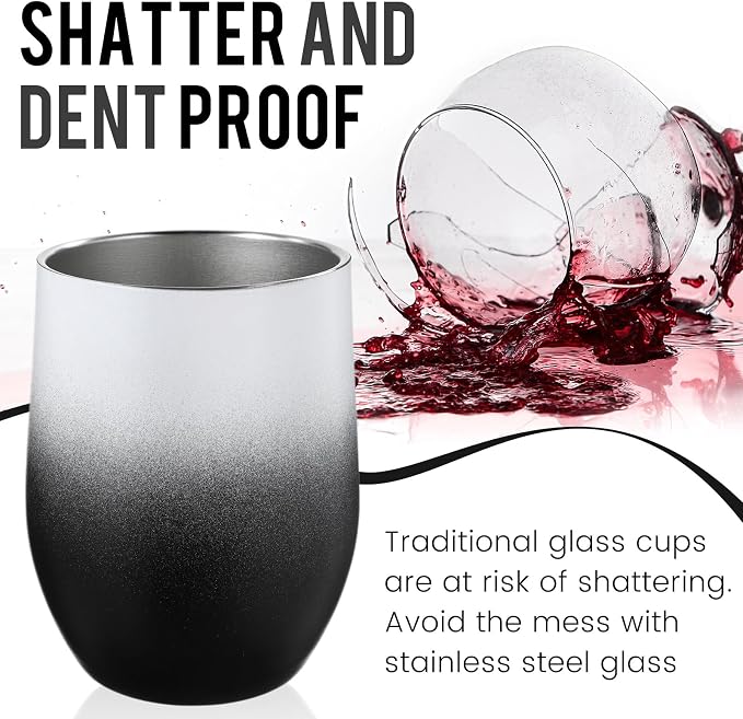 Remagr 16 Pack Stainless Steel Wine Tumblers 12 oz Insulated Vacuum Wine Cup Set Double Wall Stainless Steel Stemless Mug Glasses for Coffee Soda Whiskey Outdoor Travel (Black and White)