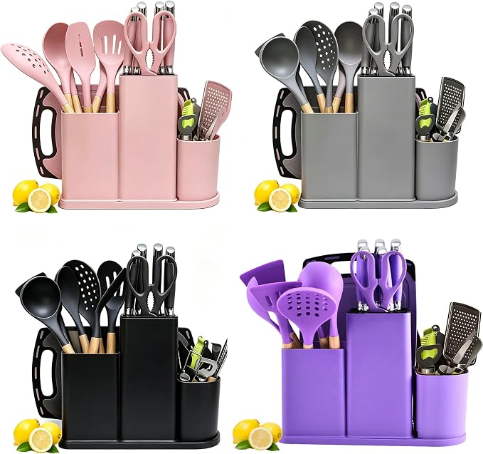 Kitchen Utensils and Knives Set, 20PCS Knife and Cooking Spoon Tools Set with Storage Holder, Sharp Stainless Steel Knife Sets with Bread, Chef Knifee (Black)