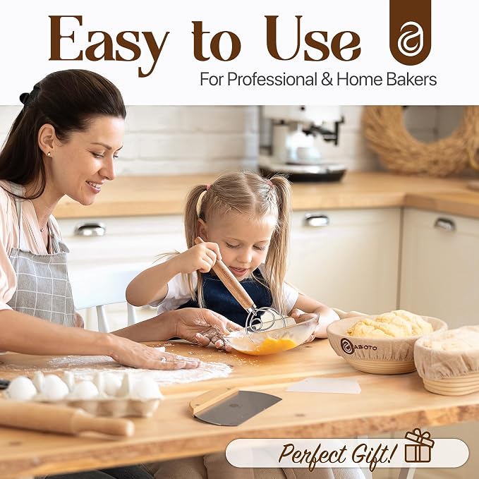 ABIOTO Sourdough Bread Baking Kit - 17-Piece Artisan Set with 10" Round & 11" Oval Rattan Baskets, Slings, Baking Mat, Bread Lame, Danish Whisk & Scrapers