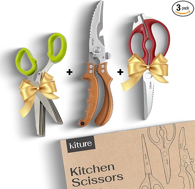 Heavy Duty Kitchen Shear with Bonus MultiPurpose and Herb Scissors 420 Stainless Steel for Chicken, Meat, Fish and Poultry Gift Set with Kitchen Shears for Food and Herbs Scissors by Kiture