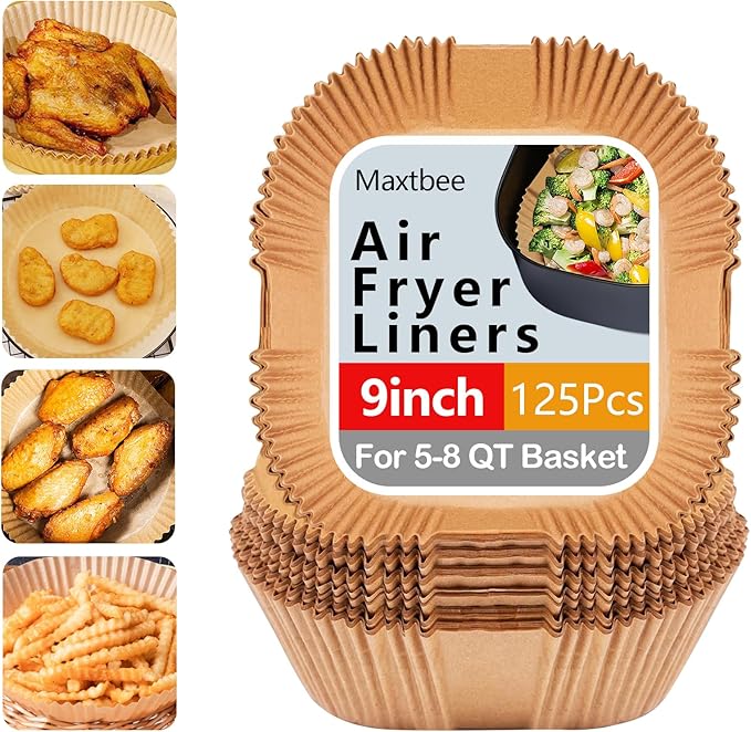 9 Inch Air Fryer Liners Disposable, 125PCS Non-Stick Air Fryer Liners, Oil-Proof & High-Temperature Resistant Square Baking Paper for Air Fryer, Microwave and Oven（Bottom Is 8 Inch）