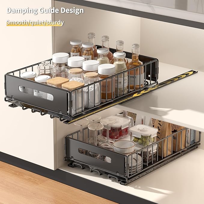 PureBox Pull Out Cabinet Organizer, Slide Out drawers for cabinets, Heavy Duty Carbon Steel Roll Out Shelves for kitchen, bathroom, pantry (14.7’’-23.1’’ Slide, Adhesive & Screw), Black (2)