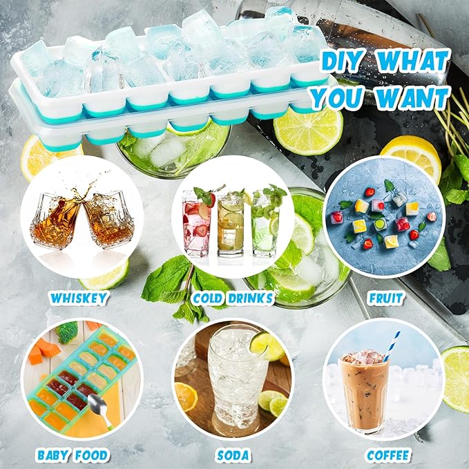 Rtteri 36 Pack Ice Cube Trays Silicone Ice Tray for Freezer Flexible 14 Cube Molds Easy Release Stackable Trays with Lid for Drinks Cocktail Coffee Baby Food (Blue)